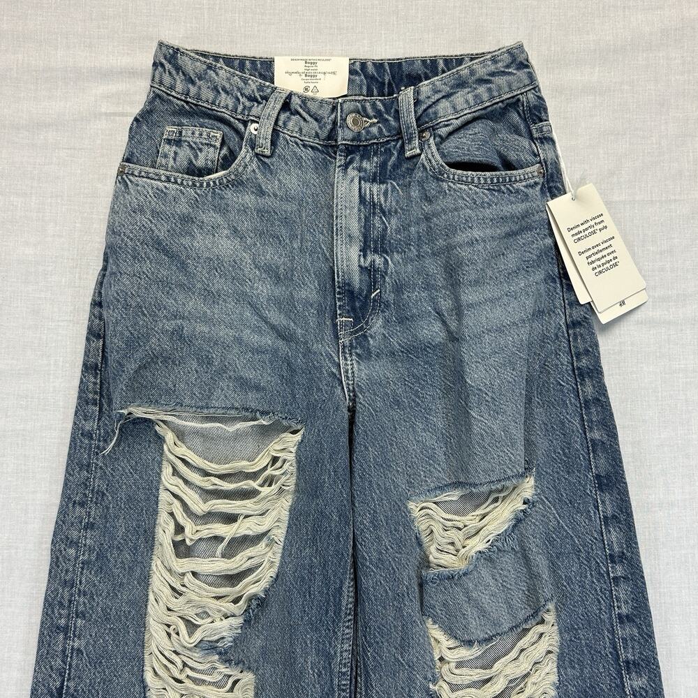 & Denim H&M NEW Baggy High Waist Jeans Womens 0 Regular Fit Blue Distressed NWT - Picture 2 of 16